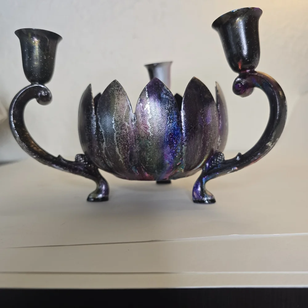 HANDCRAFTED Upcycled 3 Candlestick Holder HANDPAINTED Tabletop Candle Decor